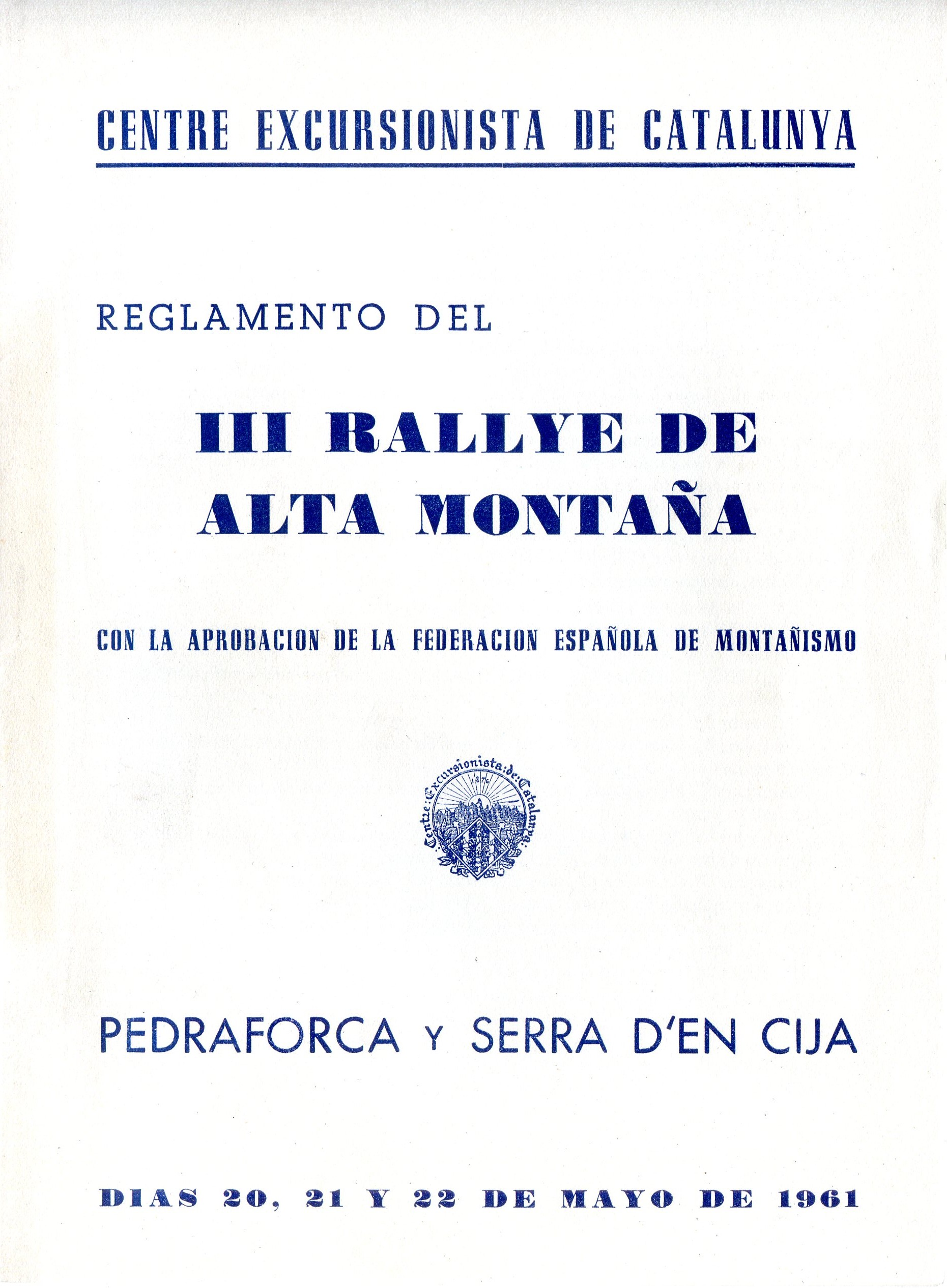 Reglamento del III Rallye de alta montaña con la aprovación de la Federación Española de Montañismo : Pedraforca y Serra d'En Cija - Portada